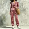 Moda Europea y Americana Nueva Otoño/Invierno 2026 Conjunto de Top Casual con Cuello Drapeado de Manga Larga y Pantalones Jogger para Mujer para Amazon Transfronterizo