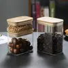 Frasco de vidrio rectangular con tapa de bambú, sellado, de borosilicato de alta calidad, transparente, apto para uso alimentario, para café en grano.