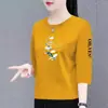 Ropa para madre de mediana edad y ancianas, comercio exterior transfronterizo, manga tres cuartos, estampada, holgada, adelgazante, casual, top rejuvenecedor, camiseta básica