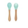 Garfo e Colher de Silicone com Cabo de Madeira para Bebê Utensílios de Mesa Infantis Suplemento Alimentar de Treinamento para Bebês Cabo de Madeira Silicone Macio Colher e Garfo Podem Morder Portátil