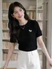 Camiseta de Punto Azul con Cuello Redondo y Mangas Cortas para Mujer, Nuevo Estilo Coreano de Verano, Suéter Dulce y Salado con Giro y Bordado de Caballito