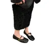 Sapatos Mary Jane Femininos de Couro Genuíno Estilo Outono 2026 com Saias Tira Única Bico Baixo Rasteirinhas Mocassins
