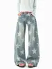 Calça jeans estilo americano lavada com estampa de estrelas para homens e mulheres, calça casual de design outonal estilo rua, calça longa solta de nicho