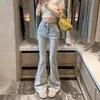 Jeans de Cuerno Micro con Lazo para Mujer Otoño Azul Ajustados a la Cadera Pantalones de Herradura Cintura Alta Adelgazantes Pantalones de Piso