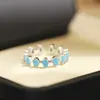 Nuevo Exquisito Versátil Anillo Abierto de Turquesa Sintética con Arreglo de Diamantes en Forma de Marquise, Anillo Fino para Mujer