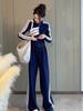 Ropa de Primavera 2025 Primavera y Otoño Nuevo Temperamento Deportivo Casual Más Fácil de Combinar Estilo Occidental Slim Cuello Mao Pantalones de Pierna Ancha Traje de Moda para Mujer
