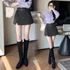 Saia-calça curta de lã feminina para outono e inverno, com cós em blocos, calça de lã de cintura alta com barra bootcut curta