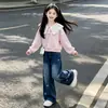 Sudadera dulce, alegre y adorable con cuello de muñeca, nueva colección primavera/otoño, pantalones de mezclilla de moda con corbata de lazo, conjunto de dos piezas para niños mayores