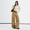 Jeans casuales de estilo americano color caqui transfronterizos con bolsillos tridimensionales para mujer, nuevo modelo de principios de otoño 2026 con diseño de múltiples tachuelas