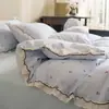 Juego de Cama de Algodón Puro de Doble Capa de Gasa Grado Materno e Infantil Clase A, Juego de Cuatro Piezas con Estilo de Encaje Francés, Sábana Bajera y Funda de Edredón de Algodón Puro, Juego de Tres Piezas 4