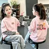Camiseta de manga longa para meninas, algodão puro, casual, corte solto, estampa fofa, estilosa, para crianças maiores, segunda pele, blusa falsa de duas peças