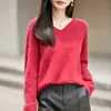 Suéter de punto de lana sin costuras con cuello en V para mujer, otoño e invierno, suéter holgado de manga larga de forro polar, top básico de estilo casual