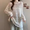 Camisa de Encaje Calada de Ganchillo Estilo Francés de Manga Larga para Mujer, Otoño Talla Grande Holgada de Longitud Media Capa Base