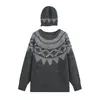 Ropa de mujer al por mayor transfronteriza 2026 Fair Isle con gorro a juego, suéter versátil holgado de jacquard vintage con cuello redondo