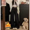 Calça jeans larga de fleece espessado para mulheres, outono e inverno, plus size, retrô, folgada, casual, com caimento, calça reta de cintura alta