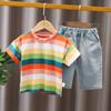 Conjunto de Ropa para Niños y Niñas, Shorts de Mezclilla de Algodón con Rayas de Arcoíris de Manga Corta, Conjunto de Dos Piezas de Algodón Puro de Verano, Dibujos Animados