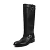 Botas de caballero de cuero de vaca completo con doble hebilla ajustable 2026 otoño e invierno tacón bajo grueso punta redonda cuero genuino caña alta botas largas para mujer