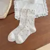 Meias florais pequenas para primavera e verão, meias finas de malha vazada de cano médio, meias slouch florais pequenas retrô japonesas, meias longas sem costura