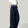 Pantalones casuales de cuadros azul marino con doble cintura y retazos para mujer, versátiles de verano, delgados, estilo americano, holgados, fluidos, de pierna ancha, casuales