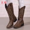 Atacado 2025 Botas de Couro Femininas Juti Outono e Inverno Novo Europeu e Americano Retrô Exportação Salto Grosso Tamanho Grande Botas de Couro Femininas