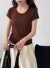 Camiseta de Manga Corta con Cuello en U en el Hombro Derecho de Lana Tencel Extremadamente Cómoda de Lu Xi para Mujer Ropa de Trabajo de Verano Top Adelgazante 2690