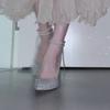Tacones Altos Plateados Tacones de Aguja para Mujer 2025 Estilo Nuevo Dama de Boda Ceremonia de Mayoría de Edad de 18 Años Vestido de Novia Principal Lentejuelas Cristal Novia Zapatos de Boda