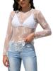 Top de Encaje Transparente para Mujer Camisa Suéter de Base de Encaje con Malla Perspectiva Manga Larga Negro Delgado Arena Hueco