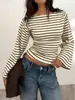 Ropa de Mujer Transfronteriza Europea y Americana Otoño e Invierno Nuevo Estilo Versátil Cuello Redondo Rayas Bloque de Color Mangas Anchas Ceñido a la Cintura Camiseta de Manga Larga Top