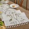 Camino de mesa, Disponible en stock, Diseño de rama botánica bordada en poliéster con flecos de borlas, Múltiples diseños disponibles para comedor, fiesta y decoración del hogar, Suministro directo de fábrica