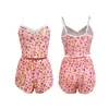 Conjunto de duas peças de malha transparente floral doce, camisola curta de renda, top cropped, shorts, roupa de dormir para meninas 607