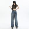 7945 Verano Estilo Coreano Pantalones de Mezclilla Azules de Pierna Ancha para Mujer Cintura Alta Sueltos Adelgazantes Diseño Plisado Pantalones Rectos hasta el Piso