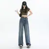 Jeans de Cintura Alta para Mujer Mujer 2026 Otoño Estilo Coreano Sueltos Adelgazantes Azul Oscuro Plisados de Pierna Ancha hasta el Suelo Dropshipping