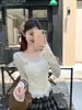Camiseta Manga Longa Renda com Laço Decote V Pure Desire Outono/Inverno com Bojo Top para Mulheres Camada Base Plissada Cincha-cintura