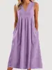 Ropa de Mujer Nueva Transfronteriza Europea y Americana Primavera y Verano Casual Holgada Moda Retro Algodón y Lino Sin Mangas Cuello en V Vestido con Bolsillo