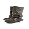 Botas vaqueras occidentales de piel de vaca, estilo retro francés, con pliegues, para mujer, botines de tacón grueso, hebilla, remaches, punta fina, para pantalones