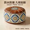 Puf de couro com padrão de azulejo vintage em tons de azul e grande capacidade de armazenamento, adequado para sala de estar e quarto, banqueta de armazenamento multifuncional