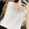 Blusinha de Cetim com Laço 26 Verão Novo Decote V Patchwork de Renda Lantejoula Estilo Coreano Feminino