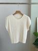 Estilo Japonês ~ Design Minimalista Vintage Silhueta Emagrecedora Pregueado Vertical Gola Redonda Manga Curta Blusa para Mulheres 019