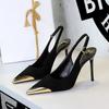 373-32 Zapatos de metal puntiagudos de tacón alto estilo europeo y americano con tacones finos, tacones superaltos, boca escotada, tira trasera vacía, zapatos de banquete para mujer