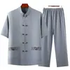 Traje Tang de Verano para Hombre, de Mediana Edad y Anciano, Conjunto Casual de Manga Corta, Estilo Chino de Algodón y Lino, Ropa Holgada para Abuelo