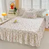 Colcha de Algodón Puro Estilo Coreano Falda de Cama Estilo Princesa Girly Pieza Única Estilo Encaje Floral Juego de Tres Piezas para Cama de 1.8 Metros