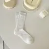 Meias para primavera e verão, estilo fino, meias largas, com trama vazada, versáteis, meias de cano médio, estilo miu, altura do meio da panturrilha, estilo ballet, meias femininas