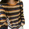 Suéter de punto de manga larga a rayas con bloques de color y cuello redondo estilo coreano para mujer, nueva colección de principios de otoño, corte holgado, adelgazante, versátil, top de suéter ligero