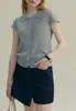 Miu Polo Cuello de Muñeca Manga Corta Tejido de Punto Fino Retro Hombro Derecho Solapa Corta Elegante Top Estilo Verano para Mujer