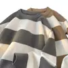 Suéter Masculino Gola Redonda Listras Largas Inverno Bloco de Cores Listrado Masculino Adolescente Estilo Preguiçoso Tricô Casual