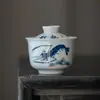 Moji Tigela Verde Antiga tamanho pequeno Conjunto de Chá Kung Fu 4g Chá de Rocha Tigela de Chá Camarão Pintado à Mão Divertido Tigela de Chá de Cerâmica Azul e Branca