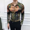 Camisa de manga larga de moda europea y americana para hombre, estilo coreano ajustado, personalizada, moderna, con estampado de flores, retro europeo 1913C Verde-P