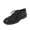 Zapatos de cuero para mujer estilo británico de tacón medio para otoño e invierno, hechos de piel de vaca de capa superior, punta redonda, con cordones, piel genuina, caña baja, cómodos, zapatos de vestir de corte bajo