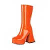 Botas Longas Femininas de Couro Patente Sola Grossa Salto Bloco Salto Super Alto Zíper Lateral Botas de Cano Alto Botas de Equitação Botas de Cano Alto Femininas Botas Martin