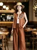 Nueva ropa femenina de estilo chino: Mezcla de seda y lana, con bordados tradicionales y pedrería, un conjunto retro de chaleco sin mangas y pantalones, adecuado para primavera y otoño